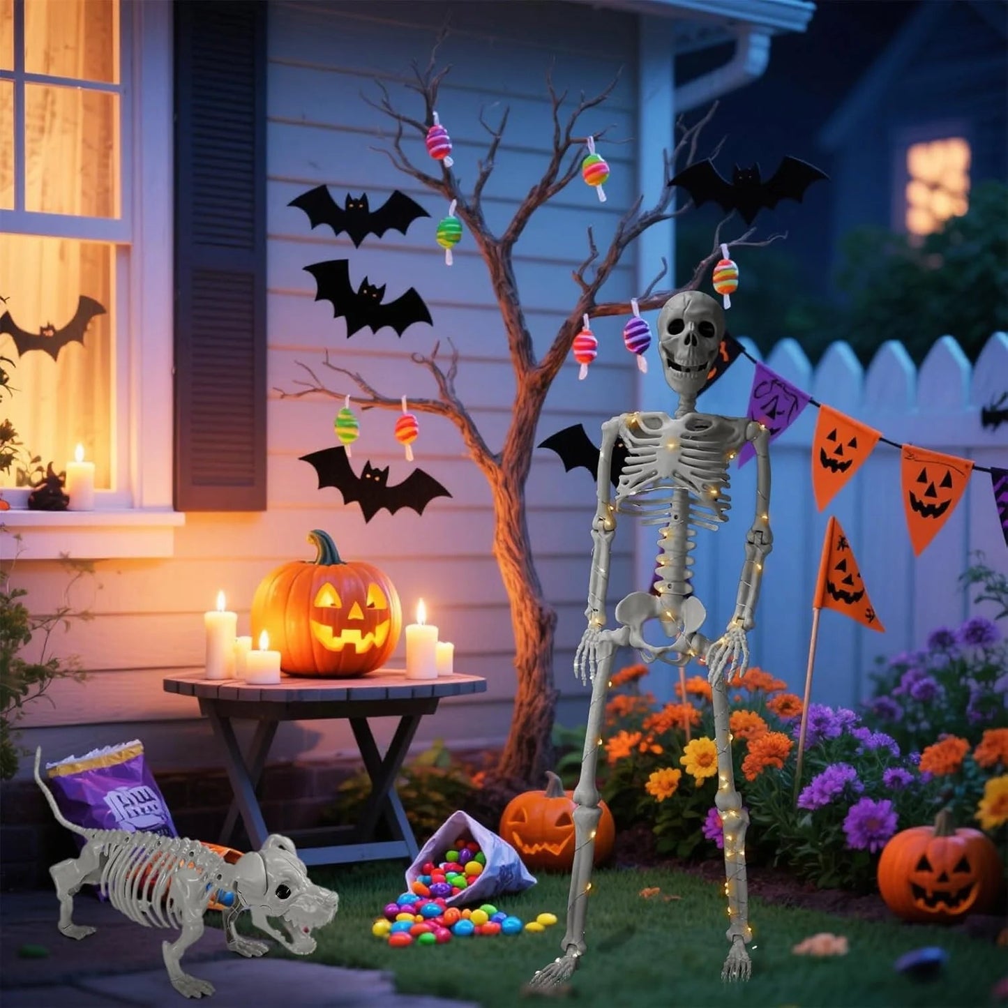 🎃👻36-inch lifelike human skeleton💀 and dog🐕, skeleton and cat🐱, can be posed in any position, perfect for Halloween.